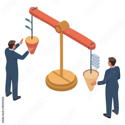 Two businessmen balancing a scale with a growing plant and resources, symbolizing investment and future value against current assets.