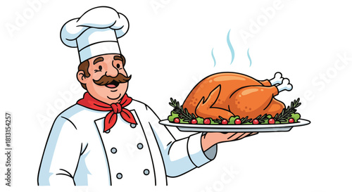 Cartoon chef presenting a roasted turkey on a platter with vegetables against a plain white background.