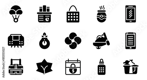 Diverse collection of business and lifestyle icons representing travel, finance, technology, and everyday objects for modern design projects