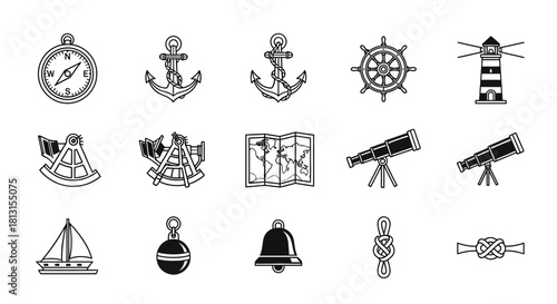 Nautical icons collection exploring adventure, navigation, and maritime journeys with compass, anchor, ship, lighthouse, and telescope symbols
