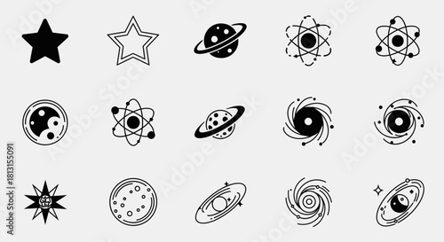 Stunning collection of celestial and atomic icons perfect for modern science, space, and technology designs
