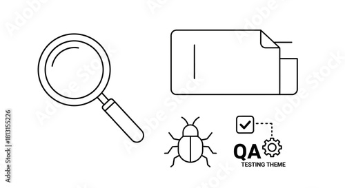 Discovering defects with magnifying glass and bug icon signifies quality assurance in software development and testing processes.