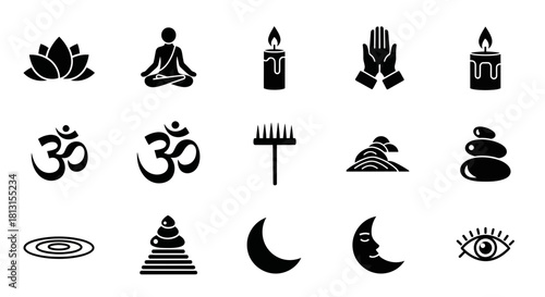 Discover serenity and mindfulness with this collection of calming icons featuring meditation, yoga, om symbols, candles, and zen stones for wellness and spiritual projects.