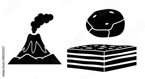 Dynamic geological icons show volcano eruption, layered earth strata, and a rocky planet for science education and natural disaster concepts