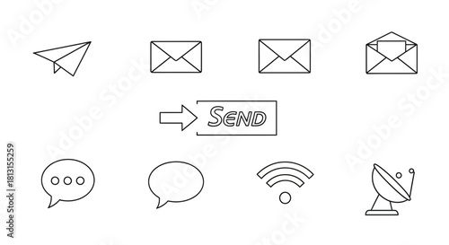 Dynamic communication icons including paper airplane, envelopes, speech bubbles, Wi-Fi signal, and satellite dish for modern digital messaging concepts