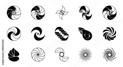 Dynamic abstract geometric icons and symbols representing motion, growth, and natural patterns in a professional design collection