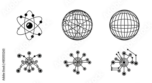 Dynamic network connections and atomic structures represent innovation, science, and global communication for modern technology concepts.