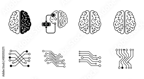 Dynamic AI and technology concepts featuring stylized brains and circuit board patterns for innovation and digital future themes