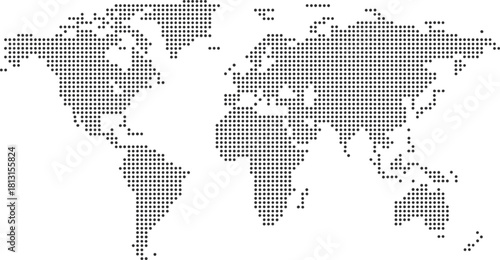 Minimalist dotted world map illustration, modern global geography design, abstract halftone continents layout, monochrome map graphic for education, presentation, branding