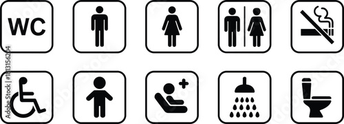 Modern public facility icons showing restroom signs, accessibility symbols, hygiene services, smoking restriction, baby care, shower area, and toilet symbols, isolated