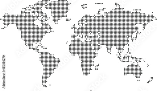 "Detailed dotted world map illustration showing global continents, modern halftone pattern design, minimalist geographic visual for educational, digital, and professional creative projects"