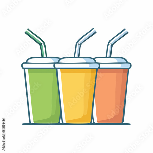 Vibrant flat vector illustration of three refreshing takeaway drinks in disposable cups with straws, ideal for summer
