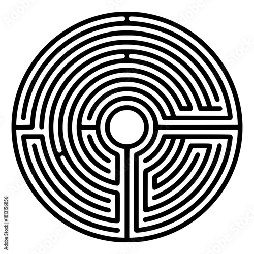 The Labyrinth's Path: A black and white, circular labyrinth, symbolizing the intricate journey of life, its winding pathways a challenge to the eye and mind. 