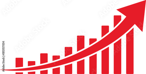 Red upward growth arrow with increasing bar chart symbolizing financial success, business progress, positive analytics trend, economic improvement, profit rise, and market performance