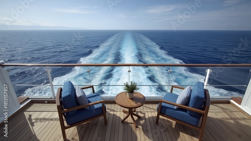 Wallpaper Mural Serene cruise ship deck view with two chairs facing open ocean and long wake trail, peaceful vacation atmosphere under clear sky toward the endless horizon Torontodigital.ca