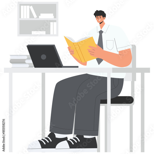 Boy Student Reading Book Illustration. Vector illustration of Student reads a book at a desk beside a laptop, concentrating on homework and research in a clean study workspace. Isolated on background