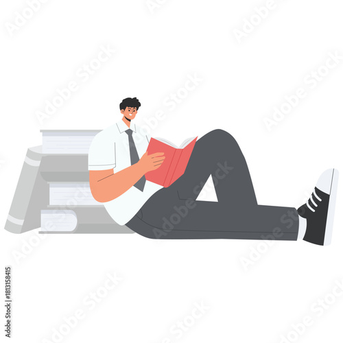 Boy Student Reading Book Illustration. Vector illustration of Teen boy relaxing against a stack of books while reading, casual study and leisure at home or library. Isolated on background