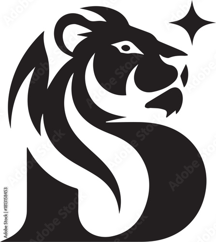 Black stylized lion head logo with star