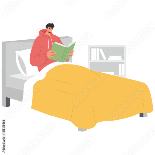 Boy Student Reading Book Illustration. Vector illustration of Boy reading in bed under a blanket, quiet evening routine for study, learning, and relaxation at home. Isolated on background