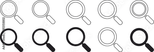 Set of magnifying glass icons in bold and outline styles representing search, zoom, inspection, exploration, and discovery tools for digital interfaces, isolated