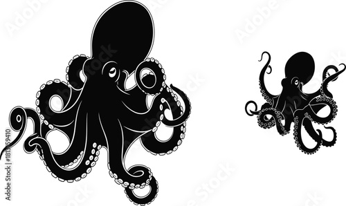Black and white octopus illustration, marine animal vector art, underwater sea creature drawing, detailed tentacle design, aquatic wildlife graphic, ocean artwork