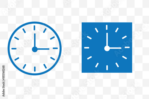 Black and white wall clock icons, vector illustration of analog timepieces, modern round clock designs, isolated watch face set for decor