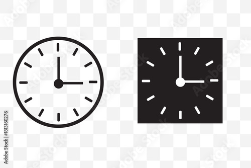 Black and white wall clock icons, vector illustration of analog timepieces, modern round clock designs, isolated watch face set for decor