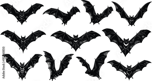 Black Flying Bats Silhouette Set, Large Hand-Drawn Collection of Spooky Vampire and Cartoon Bat Characters with Spread Wings Vector Illustration Content, Isolated on White Background.