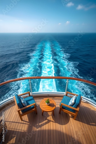Wallpaper Mural Serene cruise ship deck view with two chairs facing open ocean and long wake trail, peaceful vacation atmosphere under clear sky toward the endless horizon Torontodigital.ca