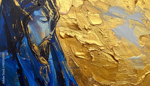 Jesus Christ with Radiant Halo, dressed in a robe, Abstract Acrylic Painting in Blue and Gold.