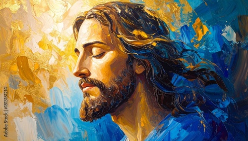 Jesus Christ with Radiant Halo, dressed in a robe, Abstract Acrylic Painting in Blue and Gold.