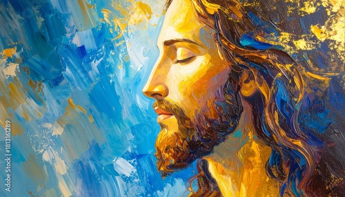 Jesus Christ with Radiant Halo, dressed in a robe, Abstract Acrylic Painting in Blue and Gold.
