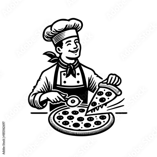 Professional Pizza Chef preparing Pizza. Black and White Vector Illustration, ideal for a logo.