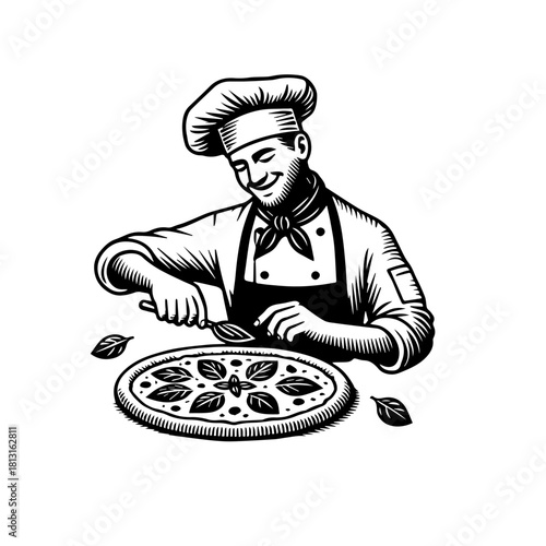 Professional Pizza Chef preparing Pizza. Black and White Vector Illustration, ideal for a logo.