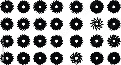 Circular Saw Blades Black Silhouette Set, Large Collection of Abstract Cutting Disc Icons with Sharp Teeth for Industrial Tool and Construction Graphic Vector Illustration Content, Isolated on White.