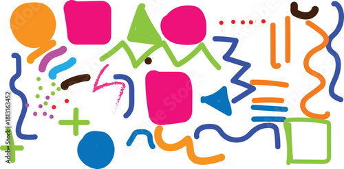 Basic RGBA vibrant abstract composition featuring a playful arrangement of geometric shapes, squiggles, and lines in a variety of bright colors.