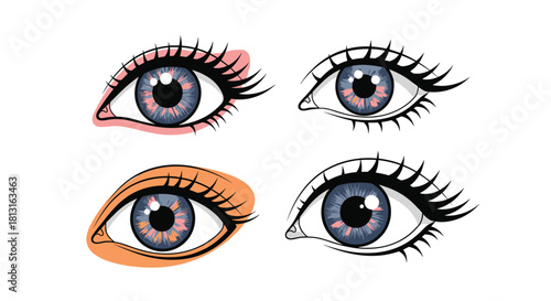 Four stylized illustrations of detailed, expressive eyes with blue irises and pink accents.