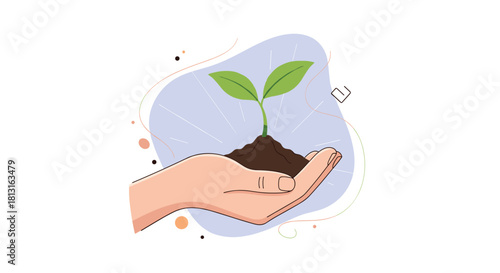 A hand gently holds a small plant growing from soil, symbolizing growth and new beginnings.