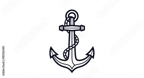 Simple black and white line drawing of a classic anchor with rope coiled around it.