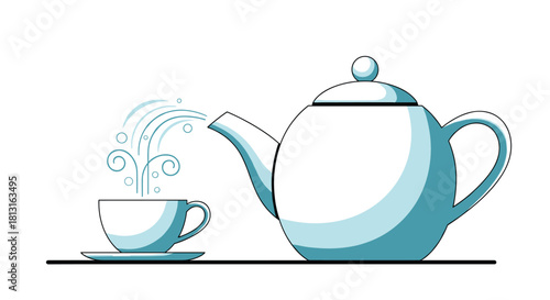 A white teapot pouring steaming liquid into a white cup and saucer.