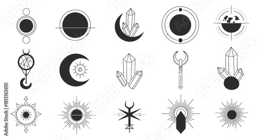 Collection of mystical and celestial geometric symbols with suns, moons, crystals and planets.