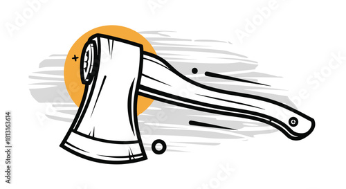 Stylized illustration of a sharp axe with a wooden handle and an orange circle behind it.