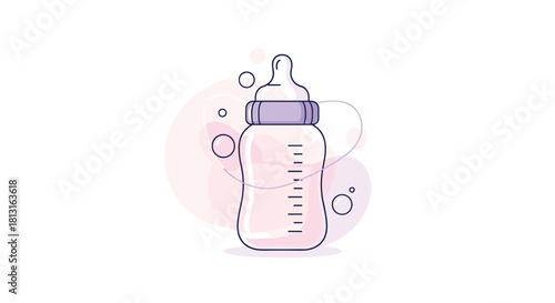 Clean illustration of a baby bottle with measurement markings and purple accents.