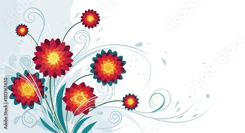 Decorative floral arrangement with red and yellow flowers and swirling tendrils on a light blue background.