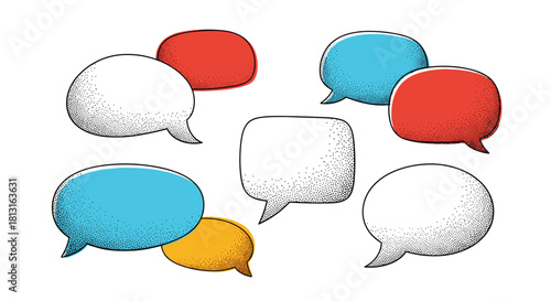 Collection of assorted speech bubbles with stippled texture and colorful fills.