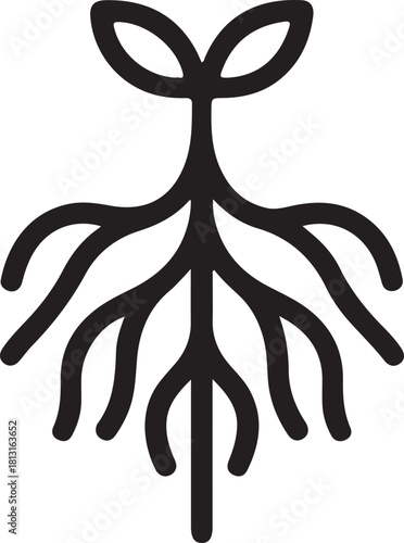 Stylized plant seedling icon with roots and leaves
