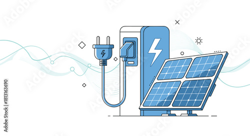 An illustration of a solar panel and electric car charging station powered by solar energy.