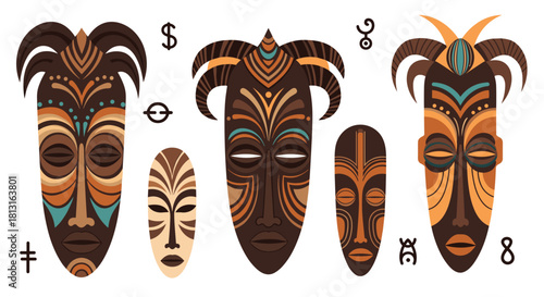 Collection of stylized tribal masks with intricate patterns and bold colors on a white background.
