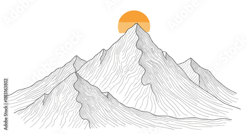 Minimalist line drawing of jagged mountain peaks with a setting sun behind the highest summit.