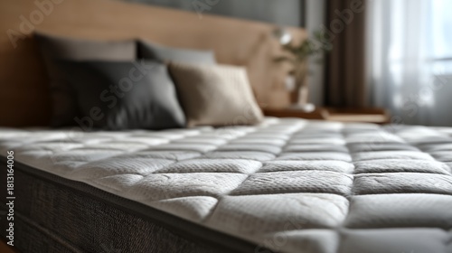Bed with a white mattress and pillows